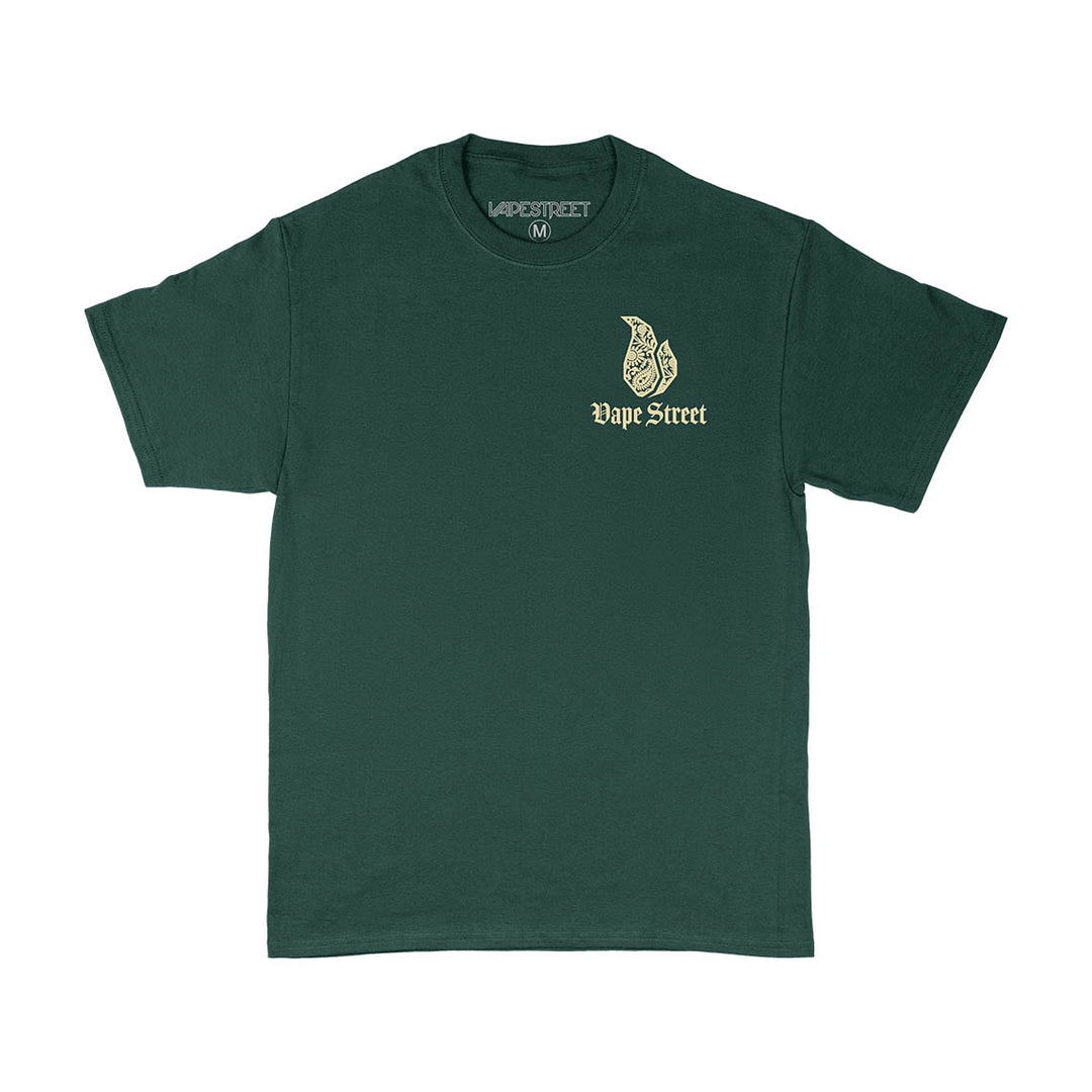 Vape Street Green T-Shirt Front Gold Paisley Logo