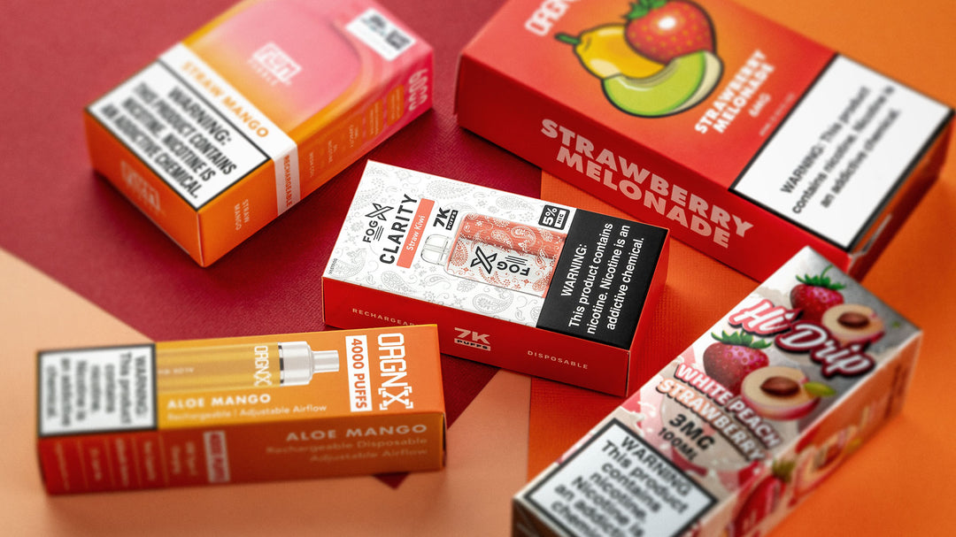 Best fruity Flavors 2023 for disposable and vape juice: FOG X Clarity Straw Kiwi, Flum Pebble Straw Mango, ORGNX Disposable Aloe Mango, ORGNX Strawberry Melonade, Hi-Drip White Peach Strawberry