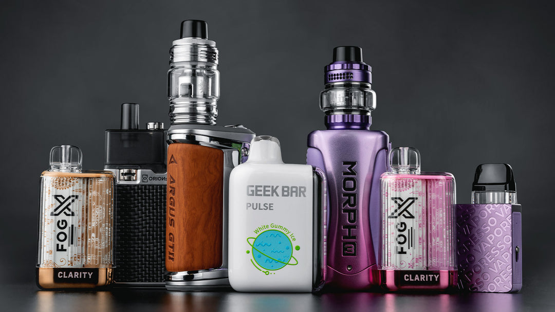 Different Types of Vapes Devices: FOG X Vapor Clarity, Geek Bar Pulse, Vaporesso XROS 3 Nano, SMOK Morph 3, Voopoo Argus GT 2, LVE Orion II