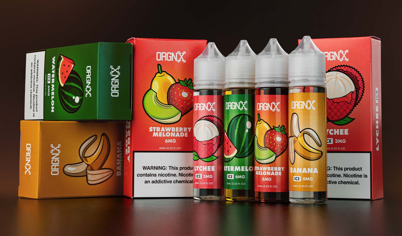 ORGNX Eliquids Lychee, Watermelon, Strawberry Melonade, Banana