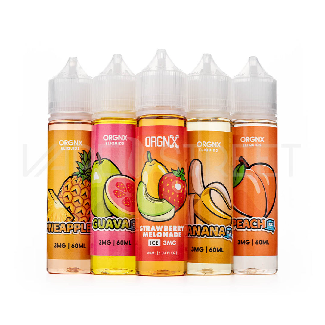 ORGNX Eliquids Flavors: Pineapple Ice, Guava Ice, Strawberry Melonade Ice, Banana Ice, and Peach Ice