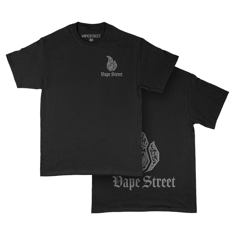 Vape Street Black Grey Paisley T-Shirt Front & Back design