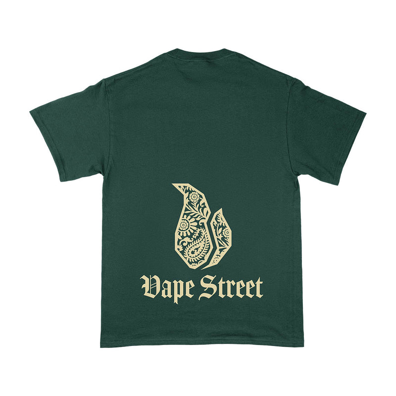 Vape Street Green T-Shirt Lower Back Gold Paisley Logo
