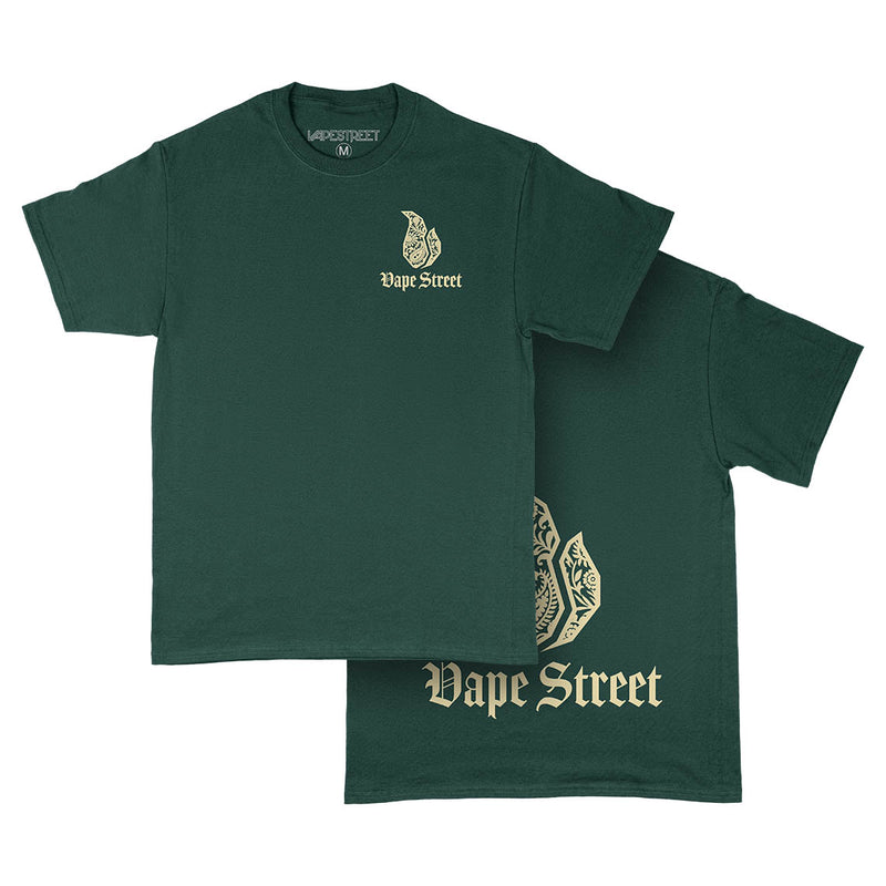 Vape Street Green Gold Paisley T-Shirt Front & Back