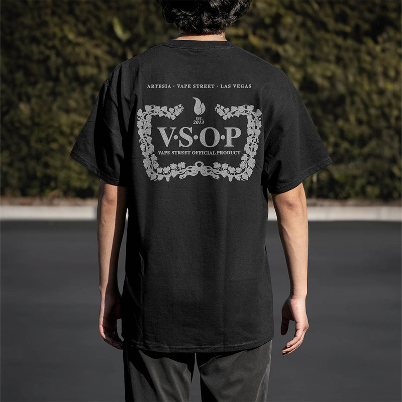 Vape Street Black Grey VSOP T-Shirt Back on Model