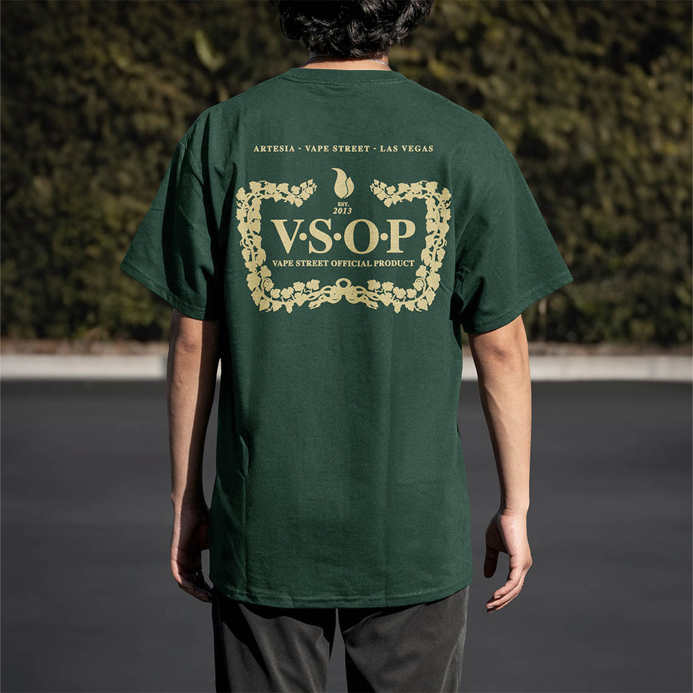 Vape Street Green Gold VSOP T-Shirt Back on Model
