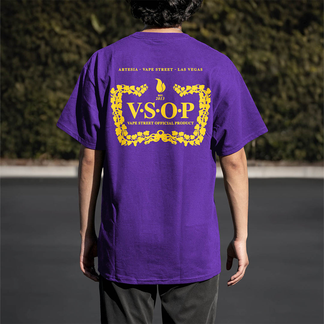 Vape Street Purple Yellow VSOP T-Shirt Back on Model
