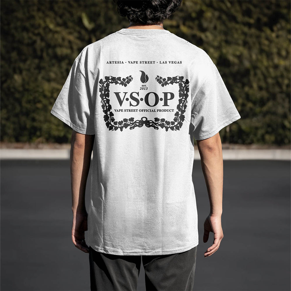 Vape Street White Black VSOP T-Shirt Back on Model