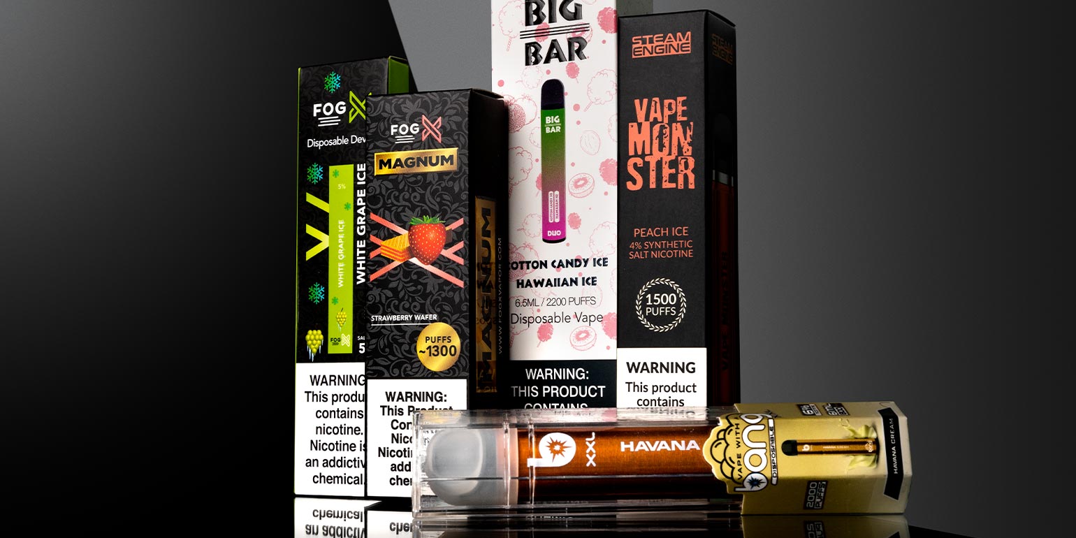 Best Disposables: FOG X Magnum Strawberry Wafer, Fog X White Grape Ice, Big Bar Cotton Candy Ice Hawaiian Ice, Steam Engine Vape Monster, and Bang XXL