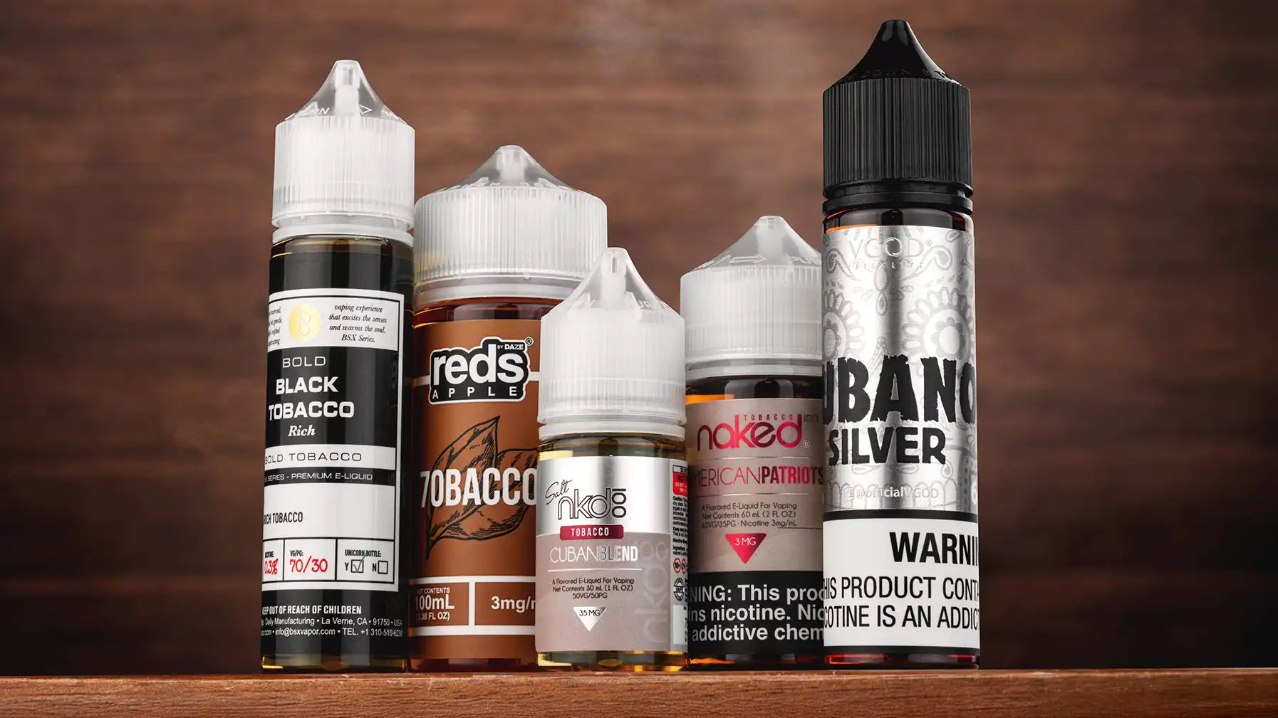 Vape Street Tobacco Vape Juice: Glas Black Tobacco, Reds 7obacco, nkd100 Salt Cuban Blend, Naked 100 American Patriots, and VGOD Cubano Silver