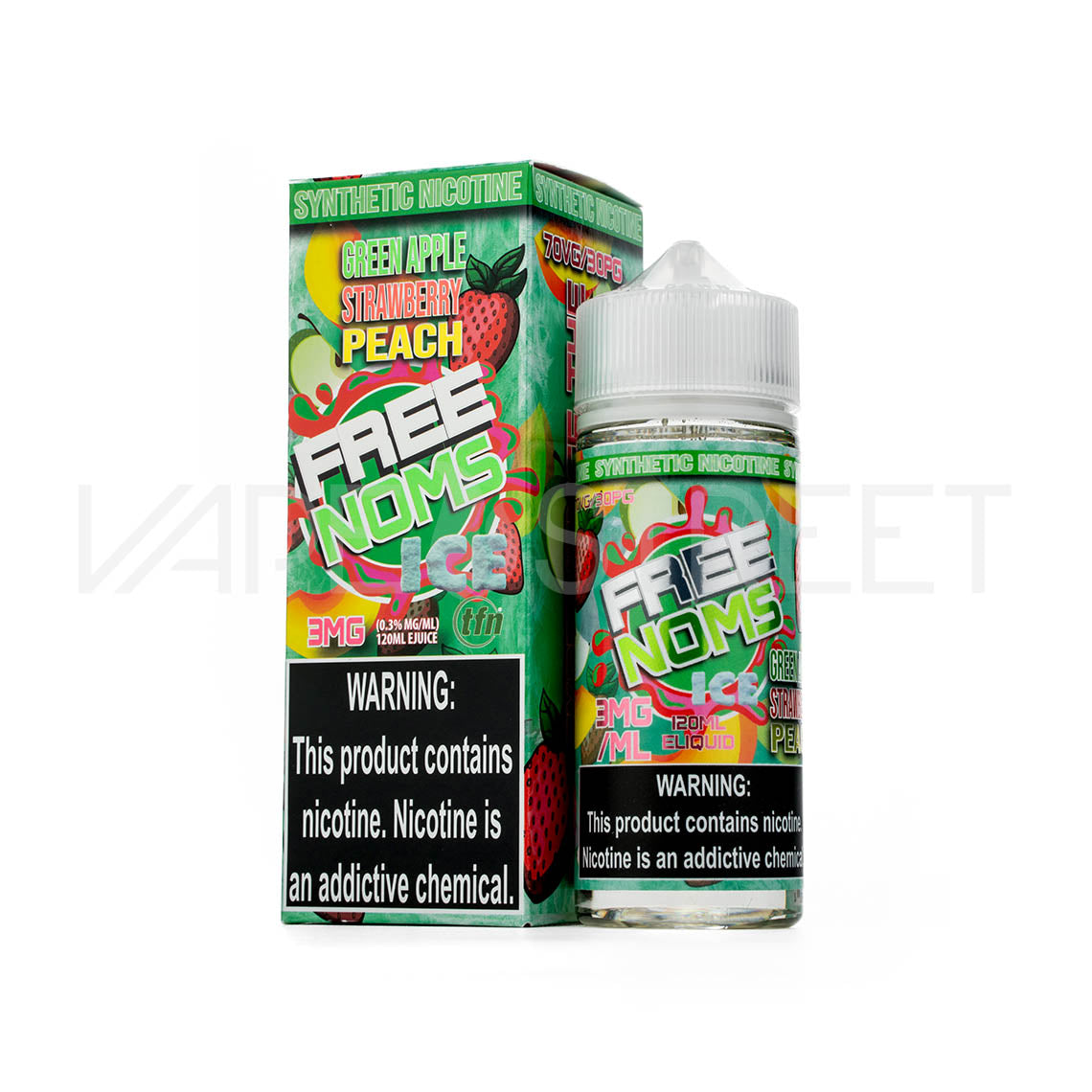 Free-Noms-Ice-Synthetic-Nicotine-Green-Apple-Strawberry-Peach Nomenon Free Noms Ice Green Apple Strawberry Peach 120ml