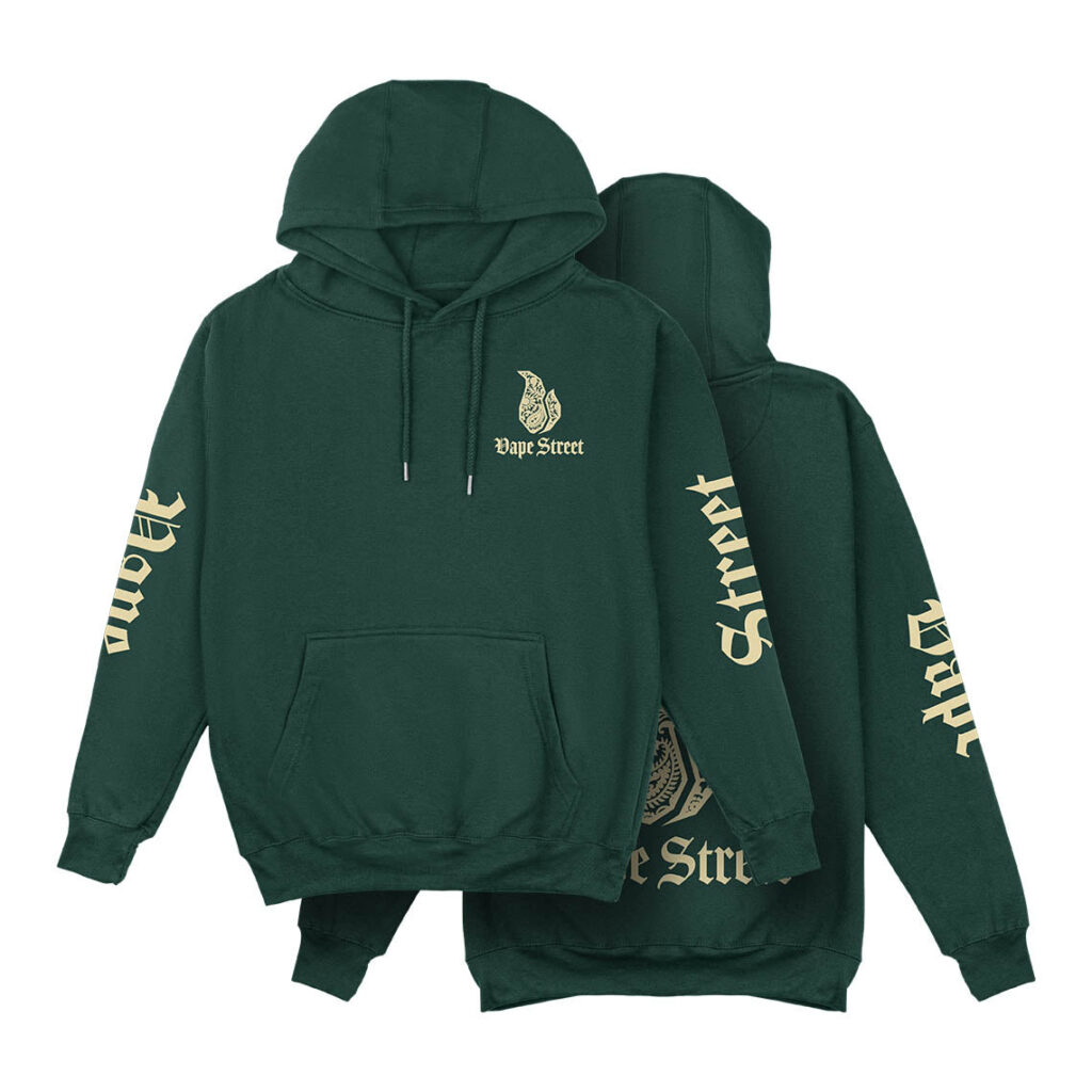 Vape-Street-Hoodie-Paisley-Green-Gold-Main Vape Street Hoodie Paisley Green Gold front and back design