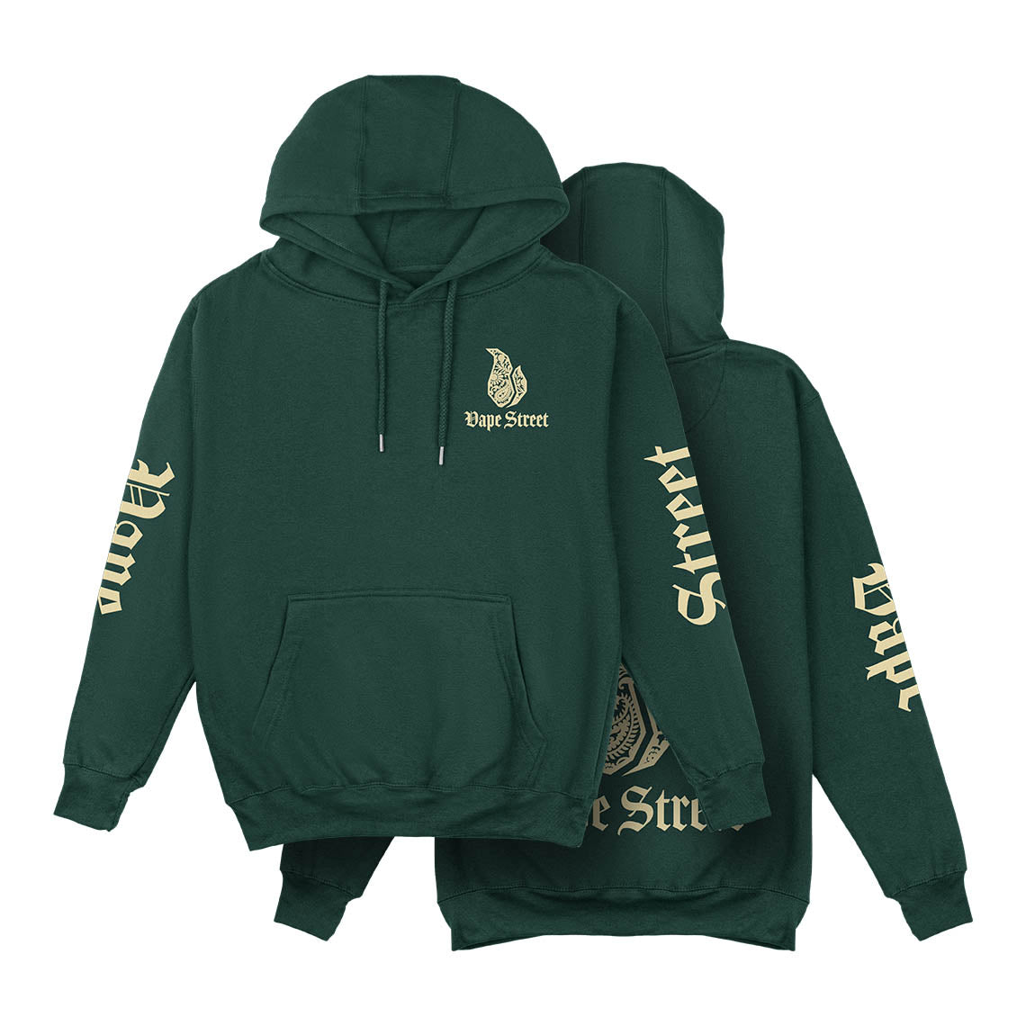 Vape-Street-Hoodie-Paisley-Green-Gold-Main Vape Street Hoodie Paisley Green Gold front and back design
