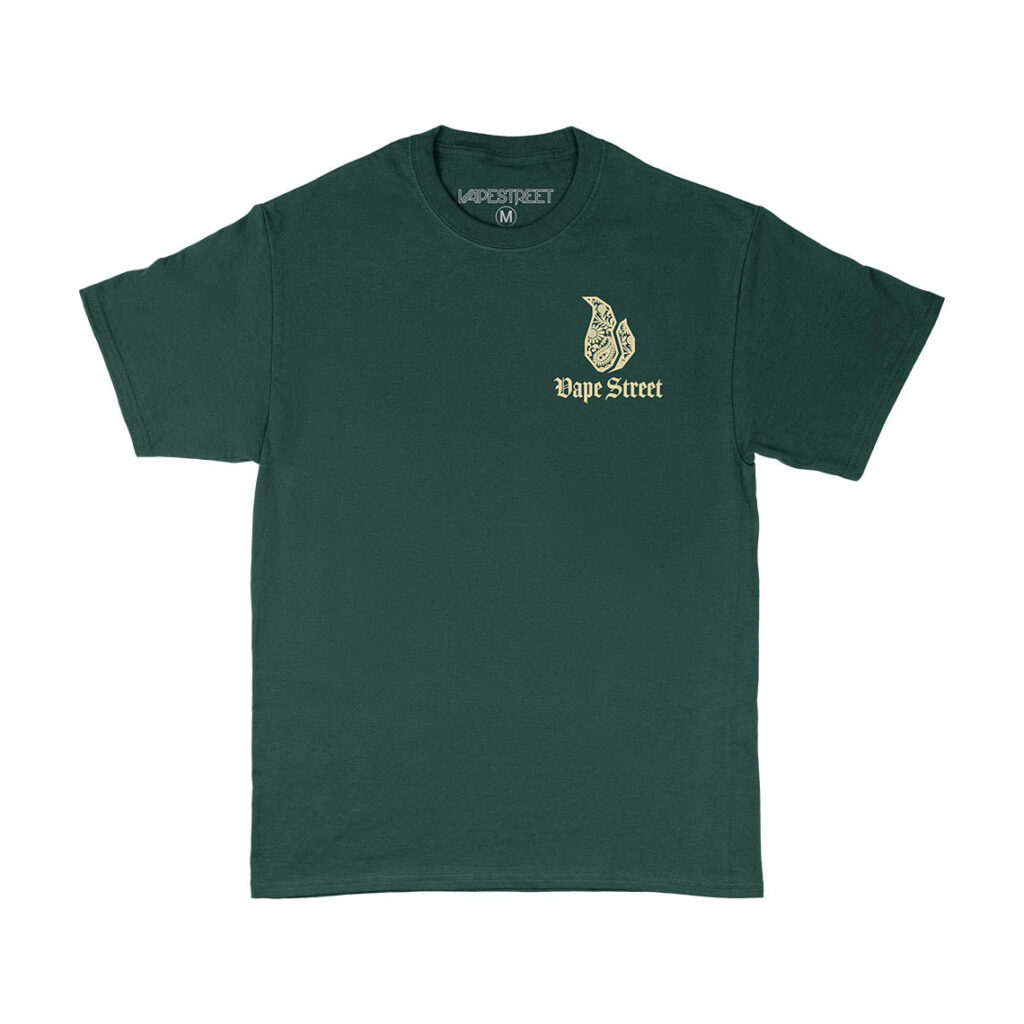 Vape-Street-TShirt-Paisley-Green-Gold-01 Vape Street Green T-Shirt Front Gold Paisley Logo