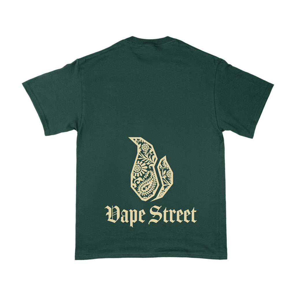 Vape-Street-TShirt-Paisley-Green-Gold-02 Vape Street Green T-Shirt Lower Back Gold Paisley Logo