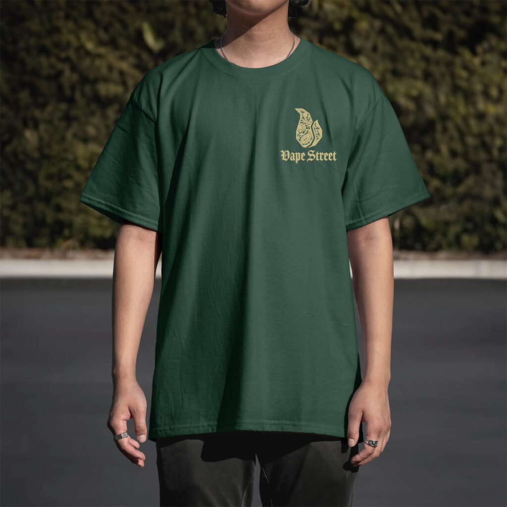 Vape-Street-TShirt-Paisley-Green-Gold-03 Vape Street Green Gold Paisley T-Shirt Front