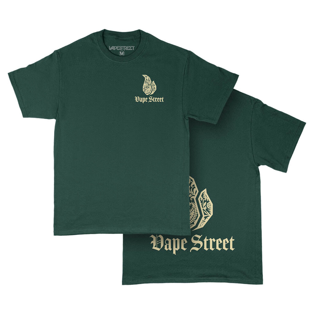 Vape-Street-TShirt-Paisley-Green-Gold-Main Vape Street Green Gold Paisley T-Shirt Front & Back