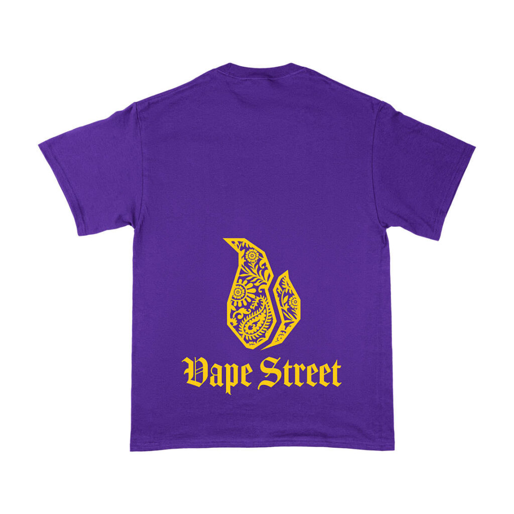Vape-Street-TShirt-Paisley-Purple-Yellow-02 Vape Street Purple T-Shirt Back Yellow Paisley Logo