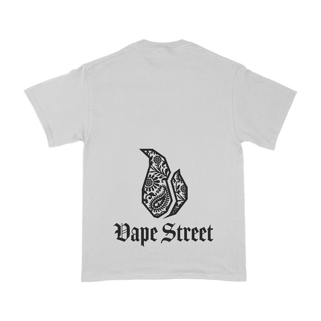 Vape-Street-TShirt-Paisley-WhiteBlack-02 Vape Street White T-Shirt With Back Black Logo