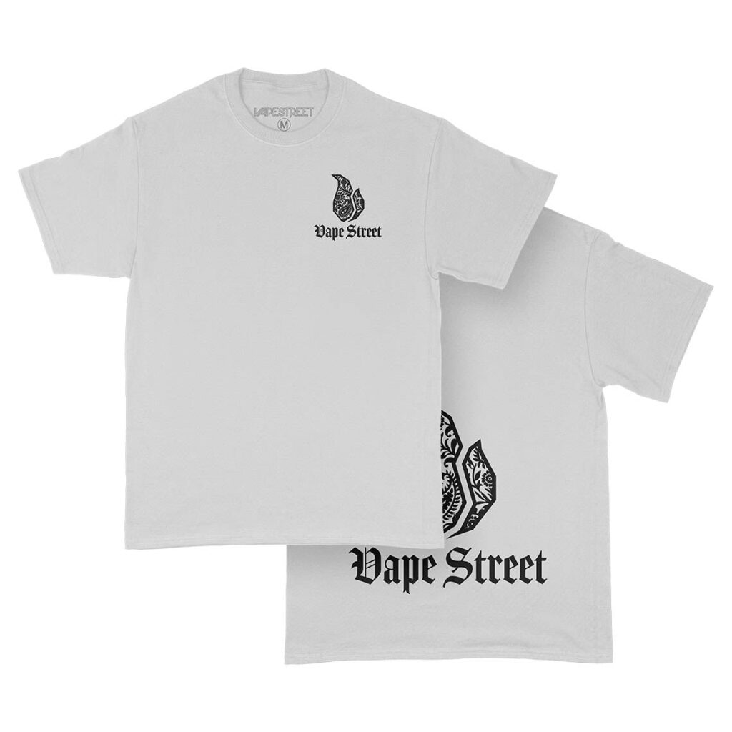 Vape-Street-TShirt-Paisley-WhiteBlack-Main Vape Street White T-Shirt Black Logo Front and back