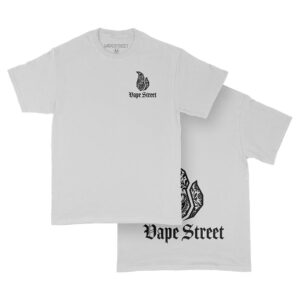 Vape-Street-TShirt-Paisley-WhiteBlack-Main Vape Street White T-Shirt Black Logo Front and back