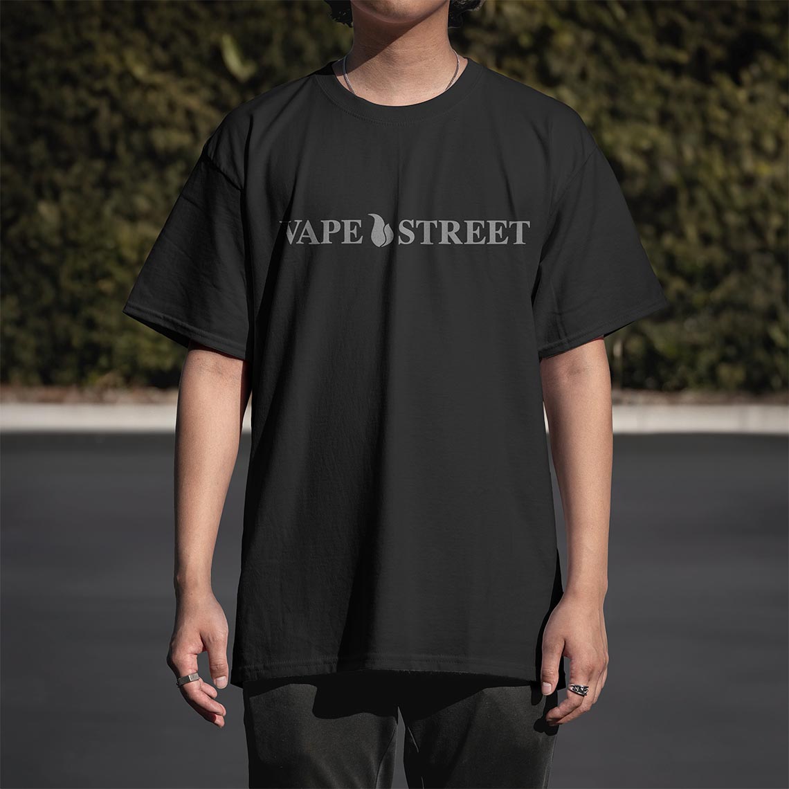Vape-Street-TShirt-VSOP-Black-Grey-03 Vape Street Black Grey VSOP T-Shirt Front on Model