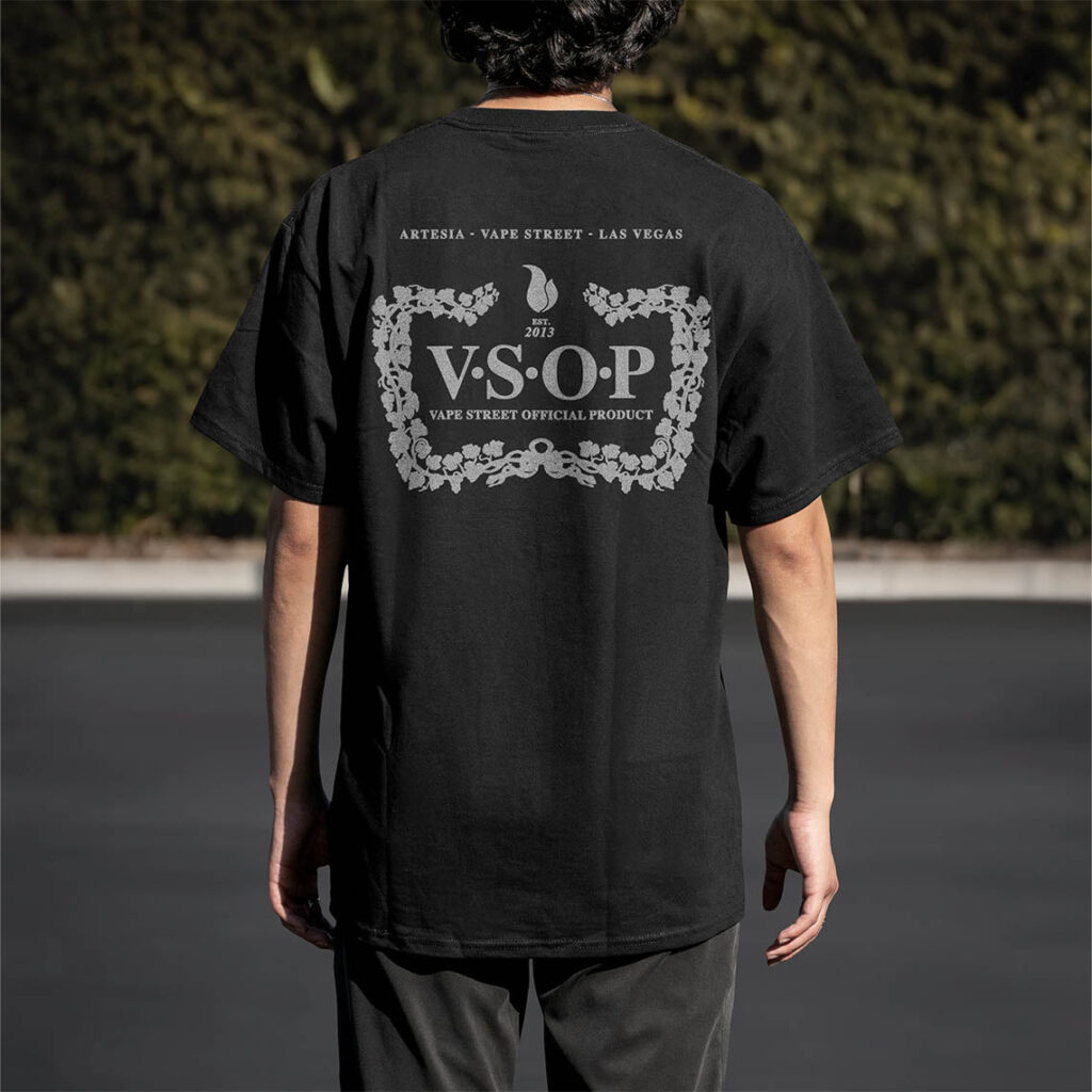 Vape-Street-TShirt-VSOP-Black-Grey-04 Vape Street Black Grey VSOP T-Shirt Back on Model