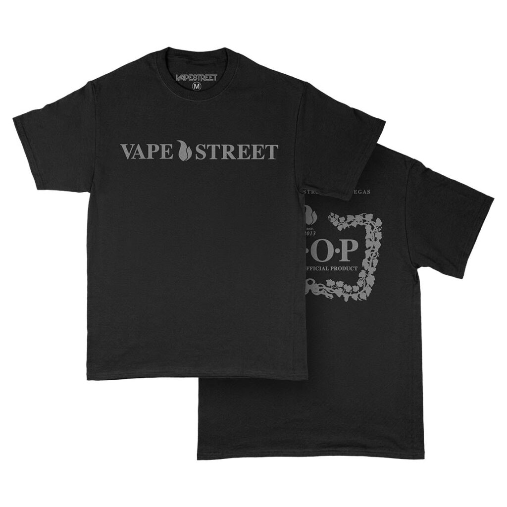 Vape-Street-TShirt-VSOP-Black-Grey-Main Vape Street Black Grey VSOP T-Shirt Front and Back