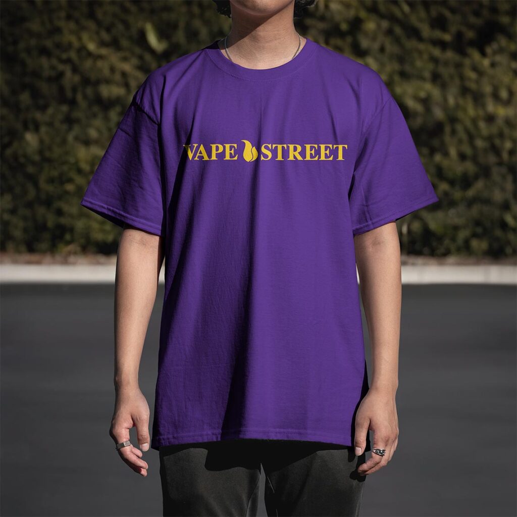 Vape-Street-TShirt-VSOP-Purple-Yellow-03 Vape Street Purple Yellow VSOP T-Shirt Front on Model