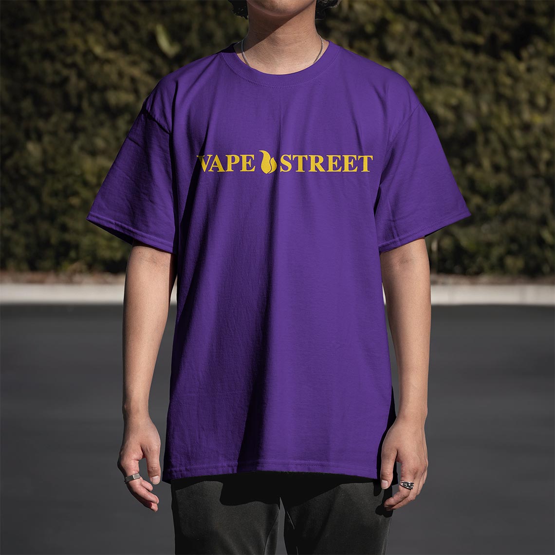 Vape-Street-TShirt-VSOP-Purple-Yellow-03 Vape Street Purple Yellow VSOP T-Shirt Front on Model