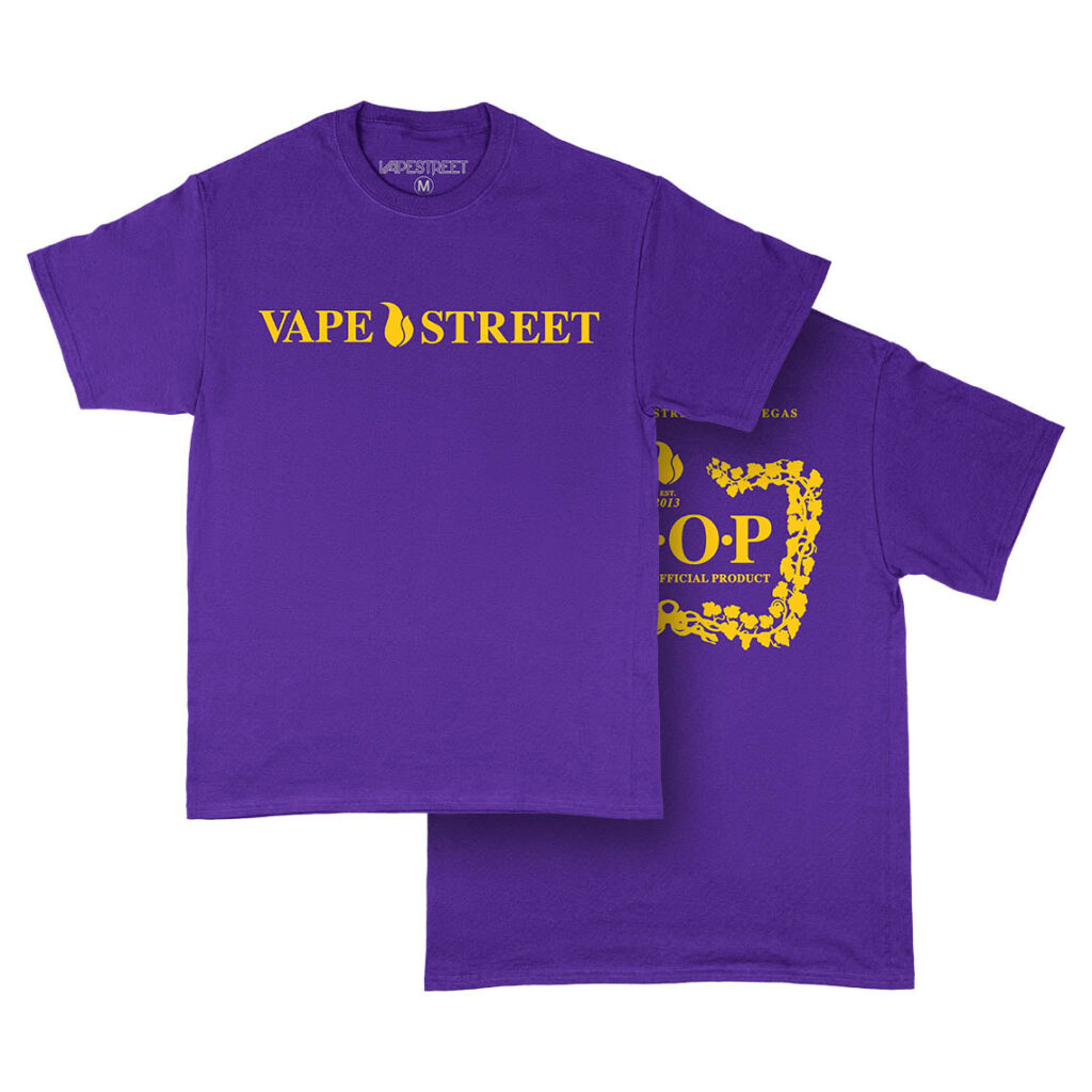 Vape-Street-TShirt-VSOP-Purple-Yellow-Main Vape Street Purple Yellow VSOP T-Shirt Front and Back